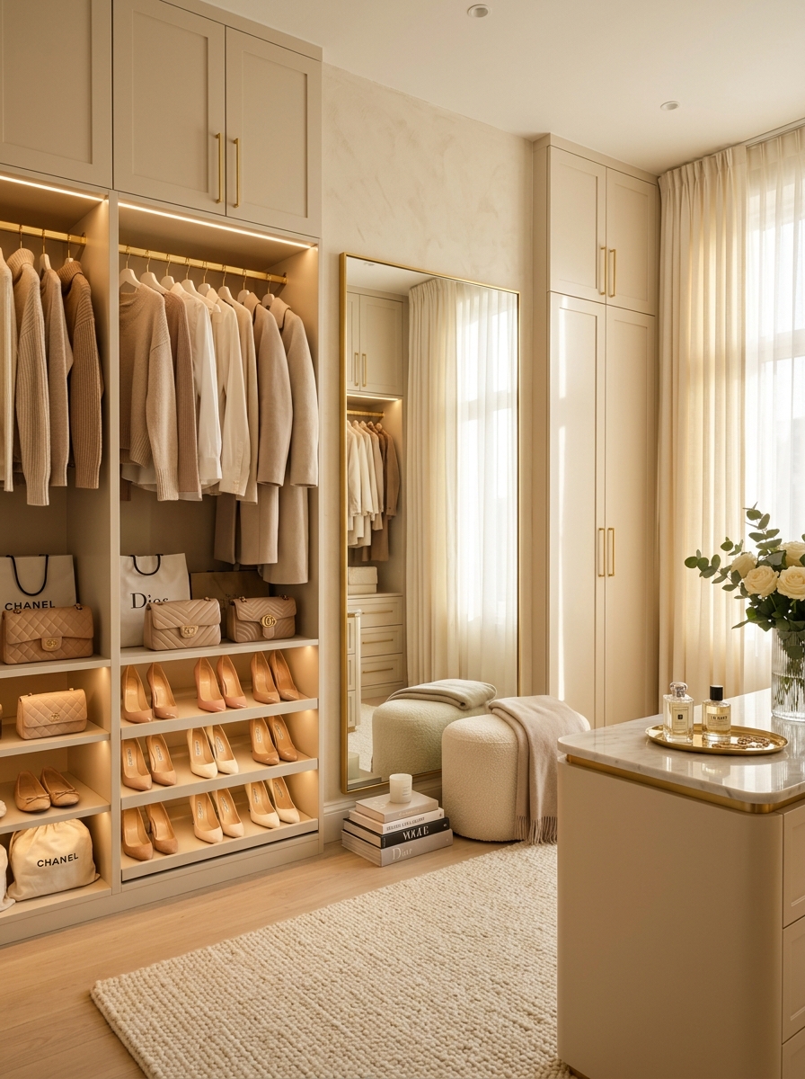 Floor-to-Ceiling Beige Wardrobes With Gold Hardware