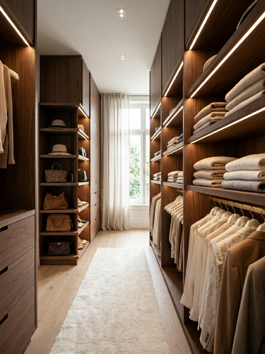 Soft Walnut Minimalist Walk-In Closet