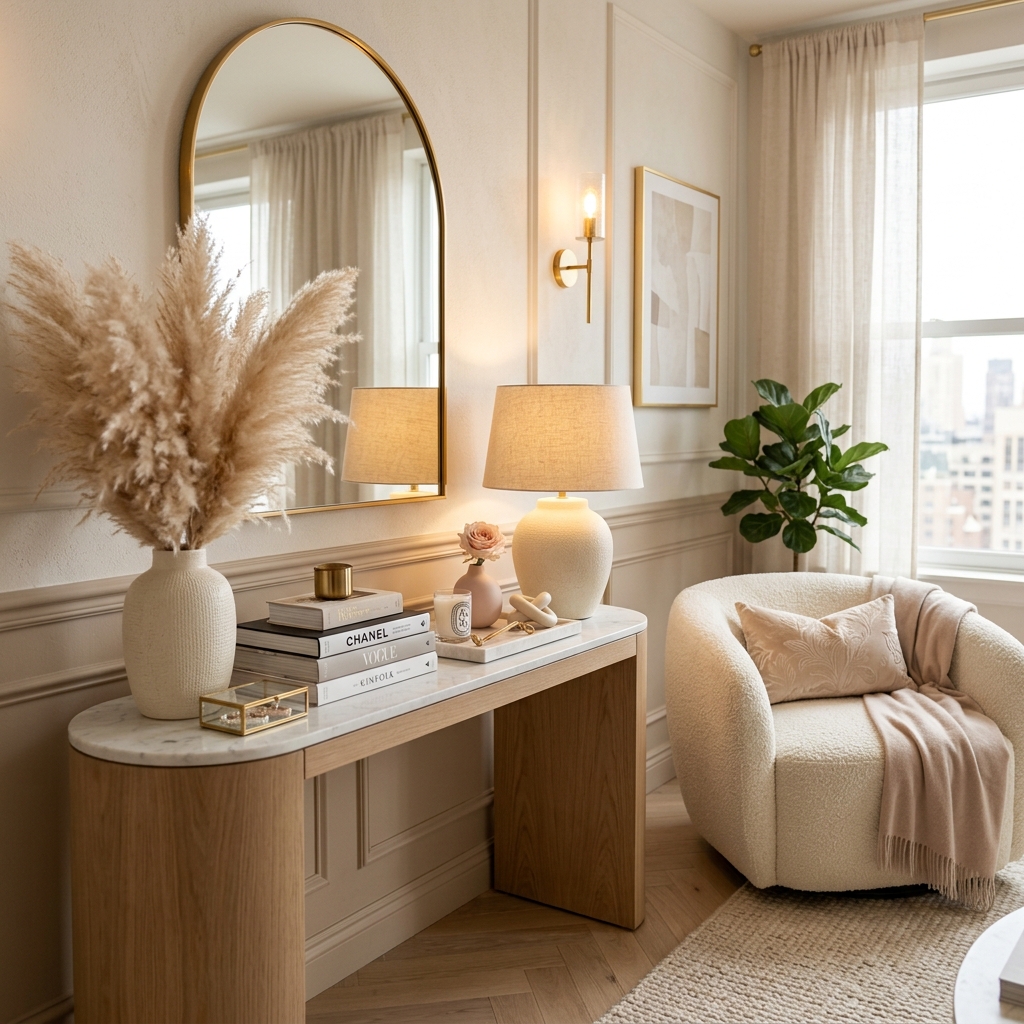 13 Elegant Girly Console Table Styling for Pinterest Girls Obsessed with Neutral Aesthetics