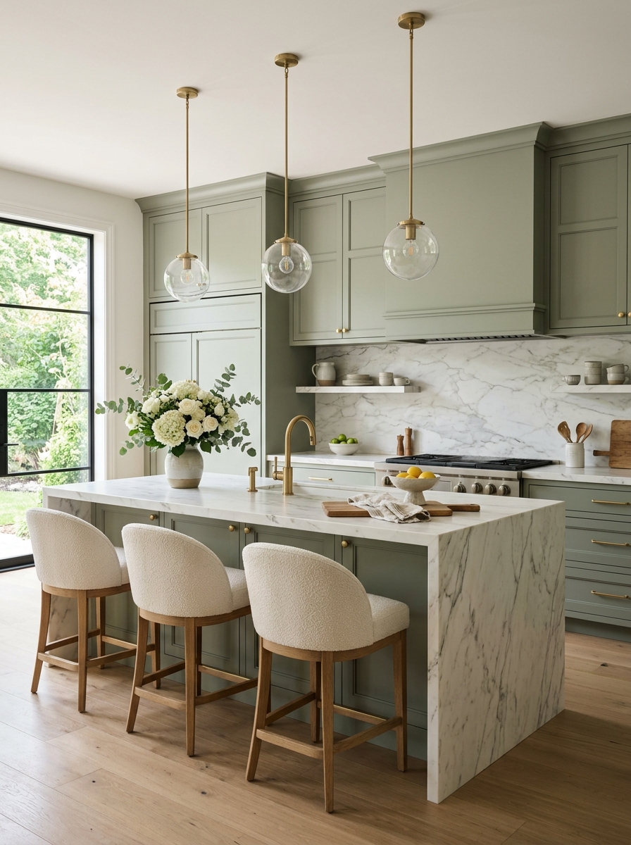 Elegant Sage Green Kitchen With Marble Accents
