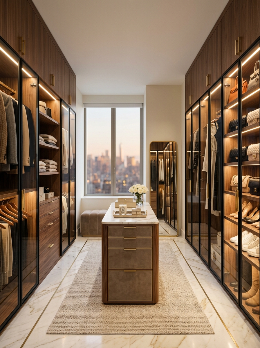 Floor-to-Ceiling Walnut Walk-In Wardrobe with Glass Doors