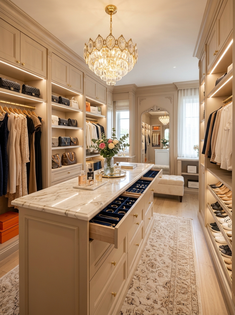 Luxury Closet Island With Designer Storage Features