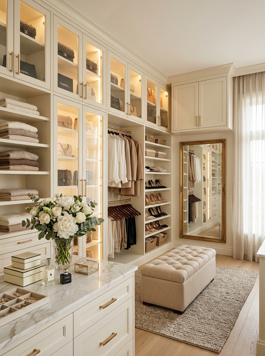Soft Neutral Walk-In Closet With Glass Cabinet Doors