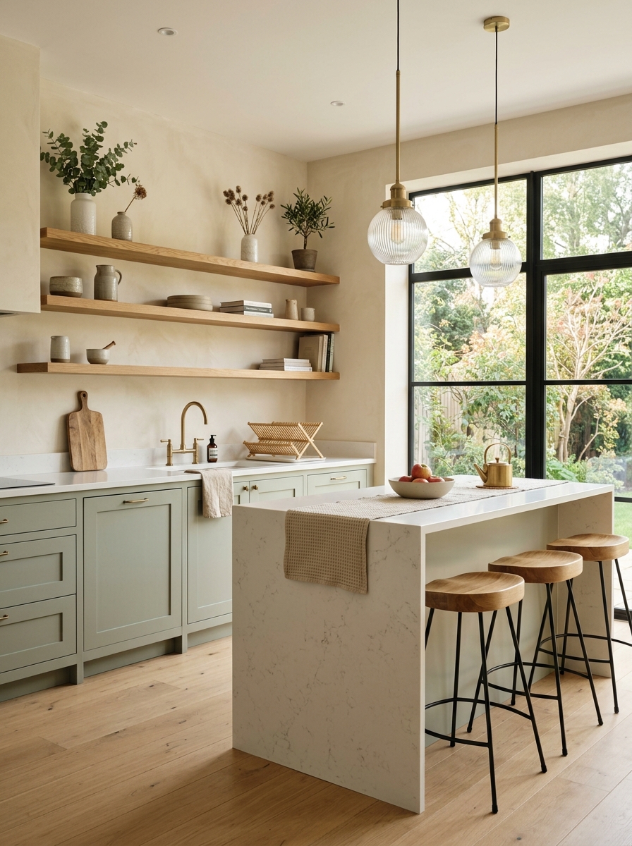 Soft Sage and Warm Oak Minimalist Kitchen
