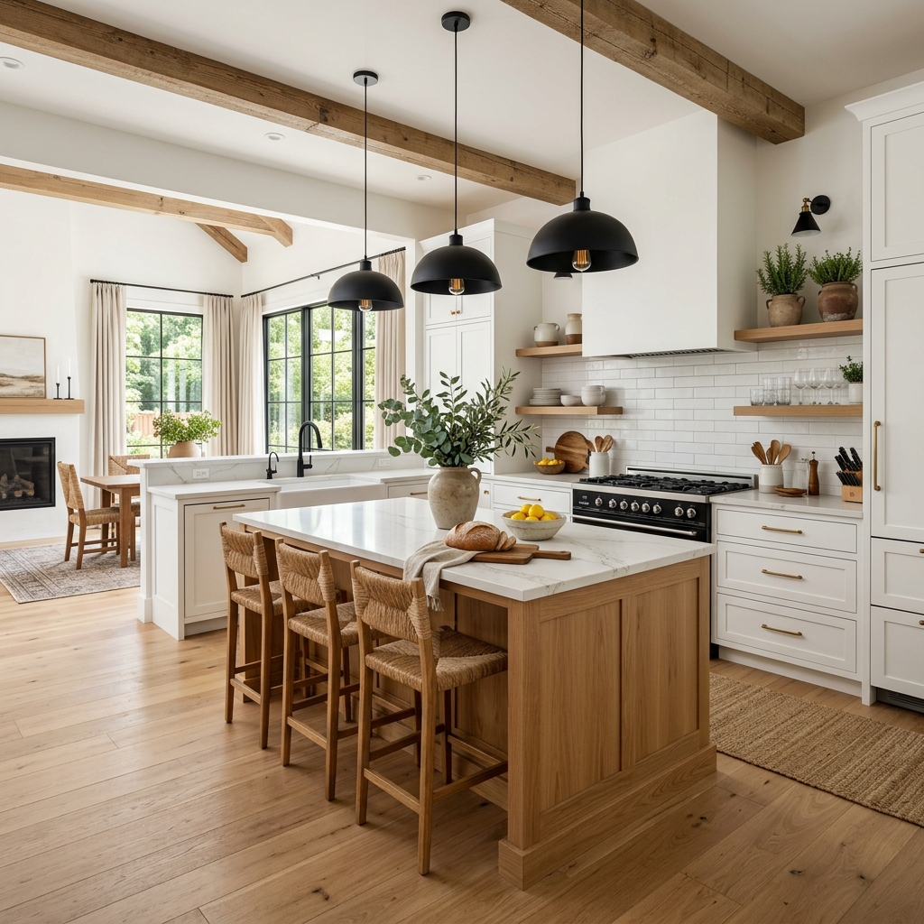 Bright White Shaker Kitchen with Warm Wood Island