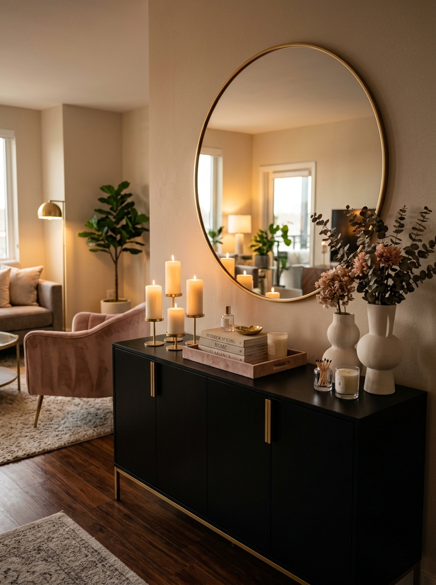 Modern Feminine Console Table with Black and Gold Contrast