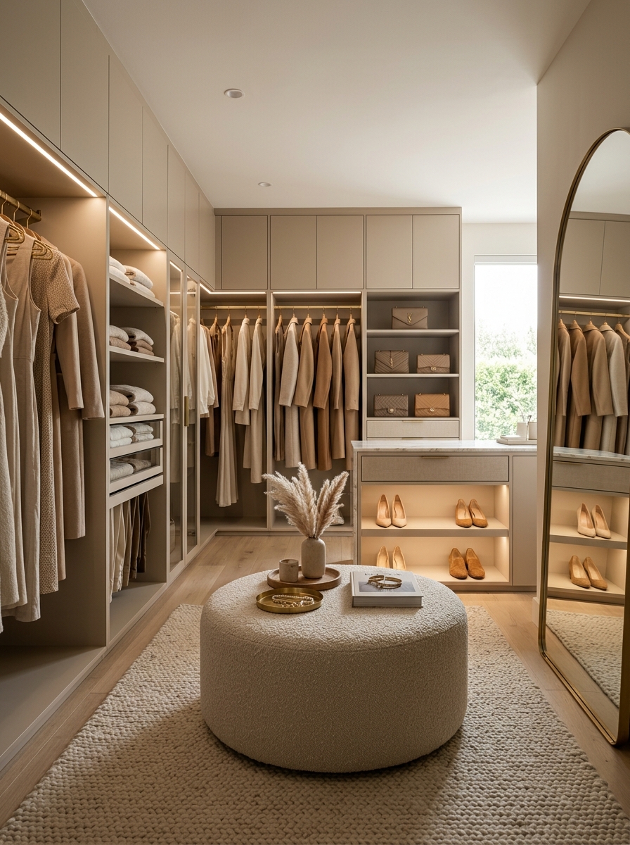 Monochromatic Beige Closet for a Calm Luxury Feel