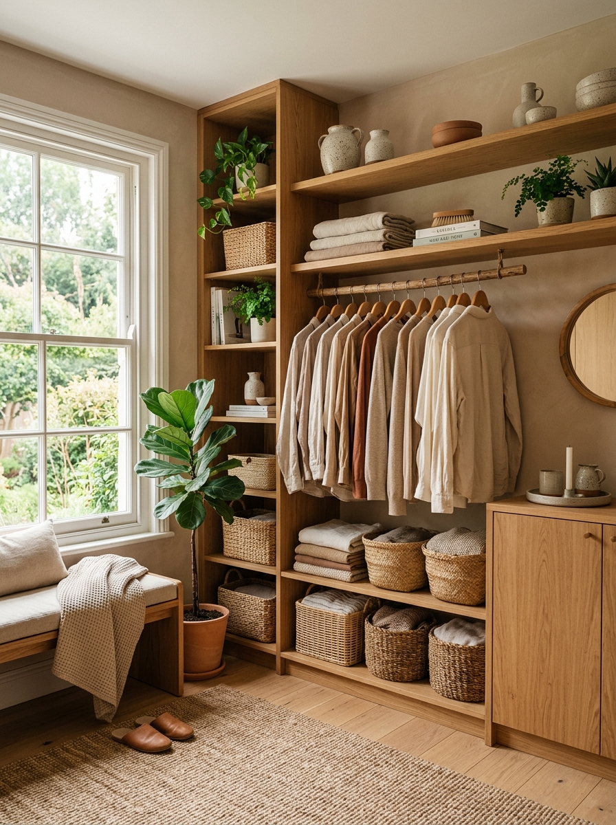 Nature-Inspired Closet With Organic Warmth and Greenery