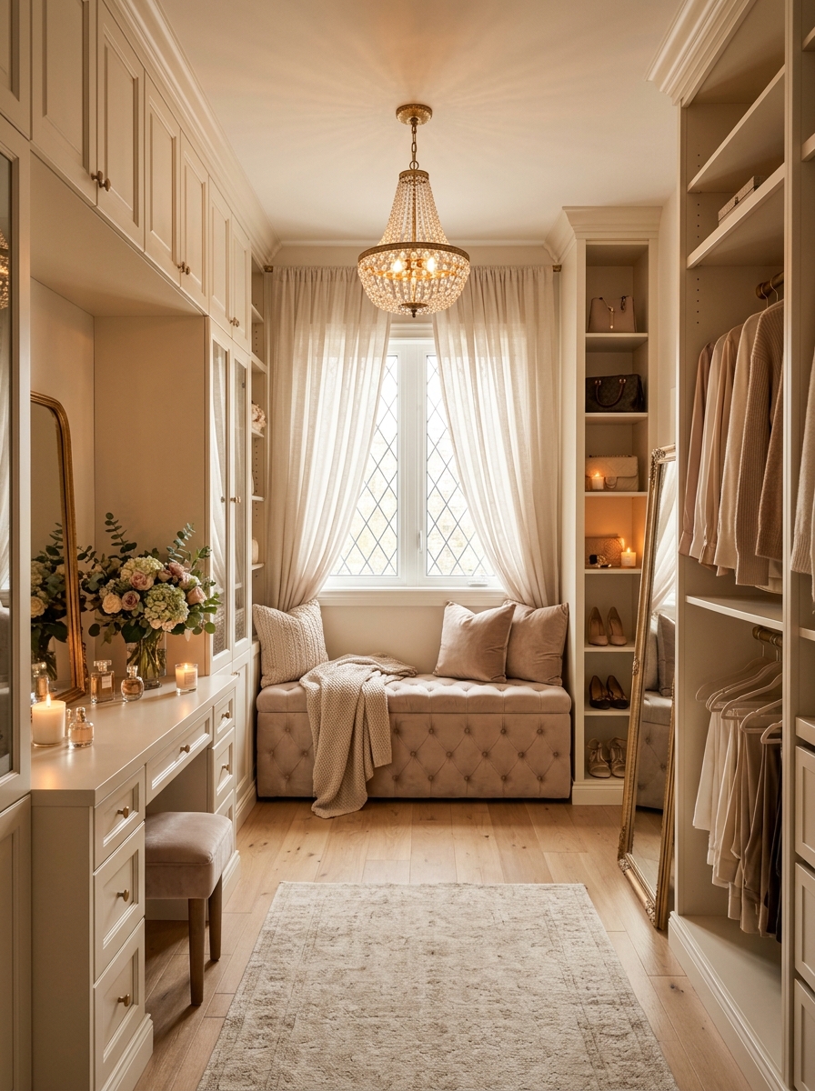 Romantic Feminine Closet with Warm Neutral Layers