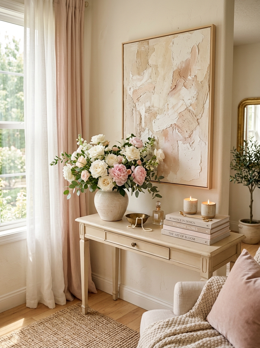 Romantic Neutral Console Table with Fresh Floral Styling
