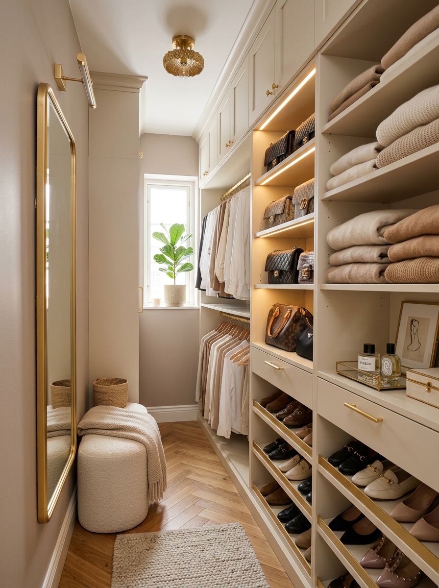 Warm Neutral Tiny Closet With Soft LED Lighting