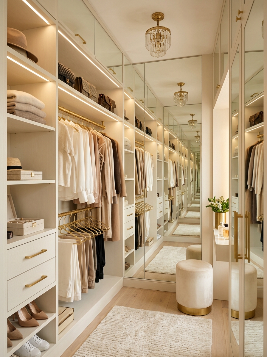 Tiny Walk-In Closet With Floor-to-Ceiling Mirrors