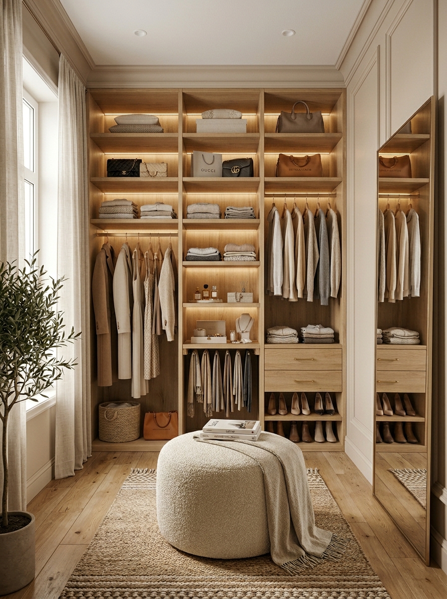 Warm Neutral Closet with Soft LED Lighting