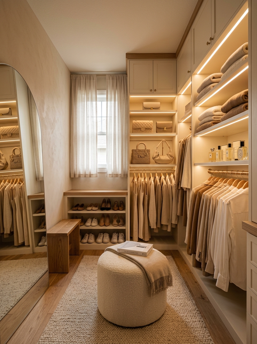 Warm Neutral Closet with Soft LED Lighting
