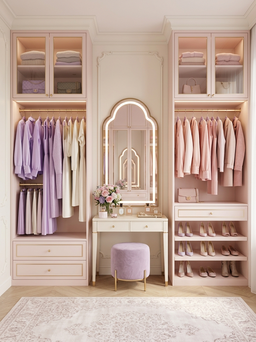 Romantic Pastel Walk-In Closet with Symmetrical Flow