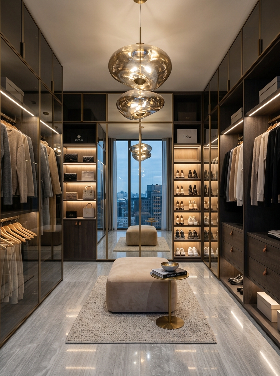 Contemporary Closet with Statement Lighting Fixtures