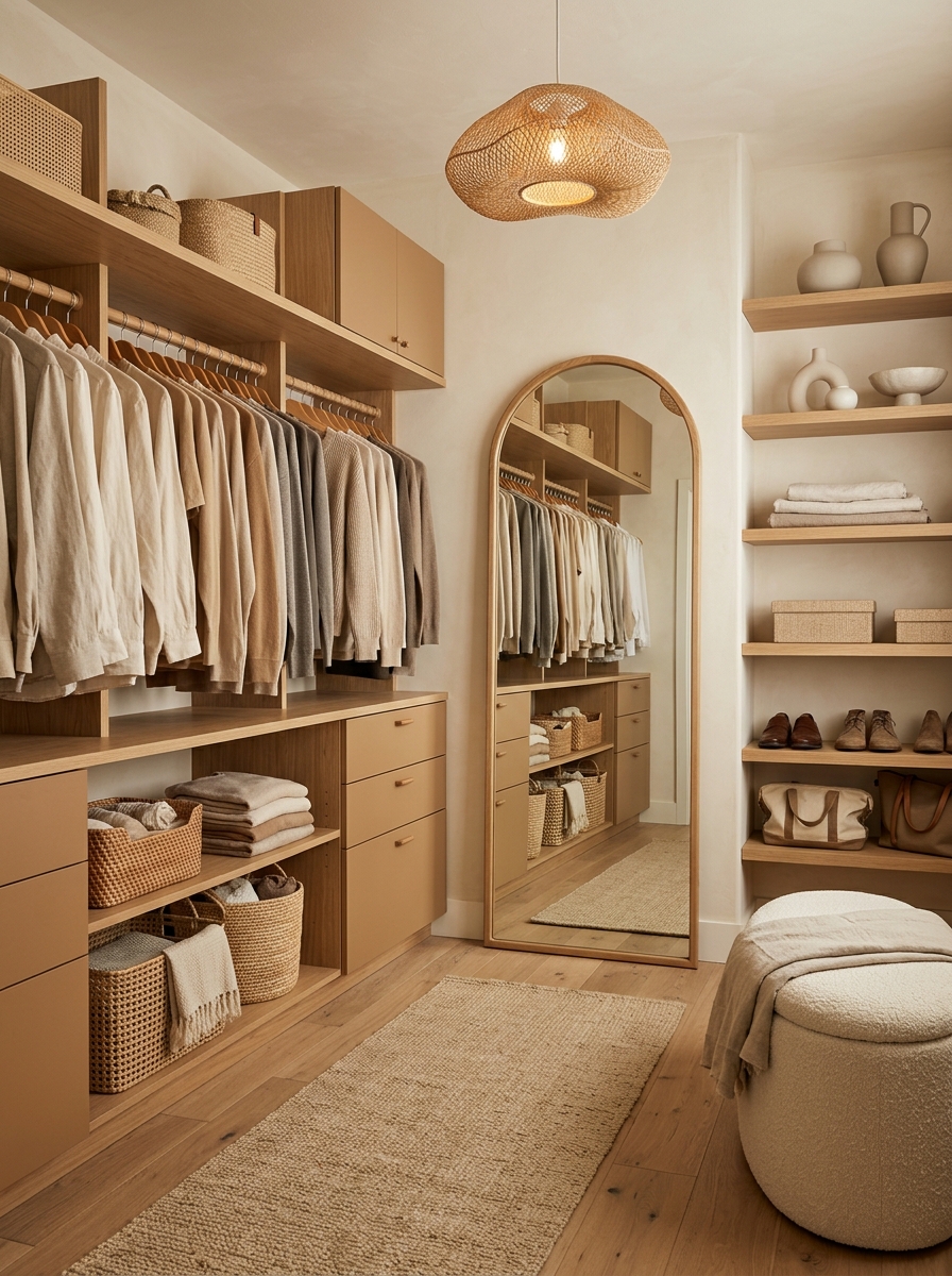 Warm Earth-Toned Closet With Organic Modern Style