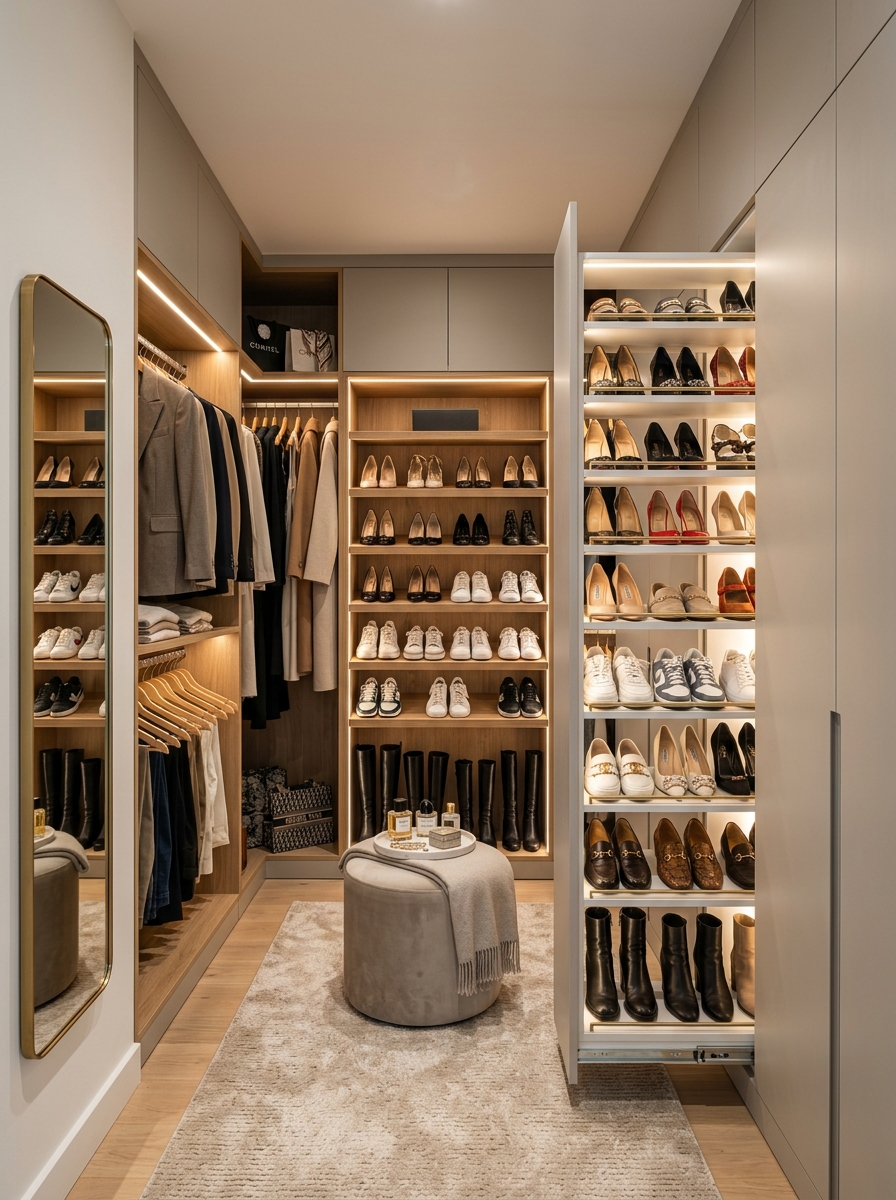 Compact Closet with Hidden Shoe Wall