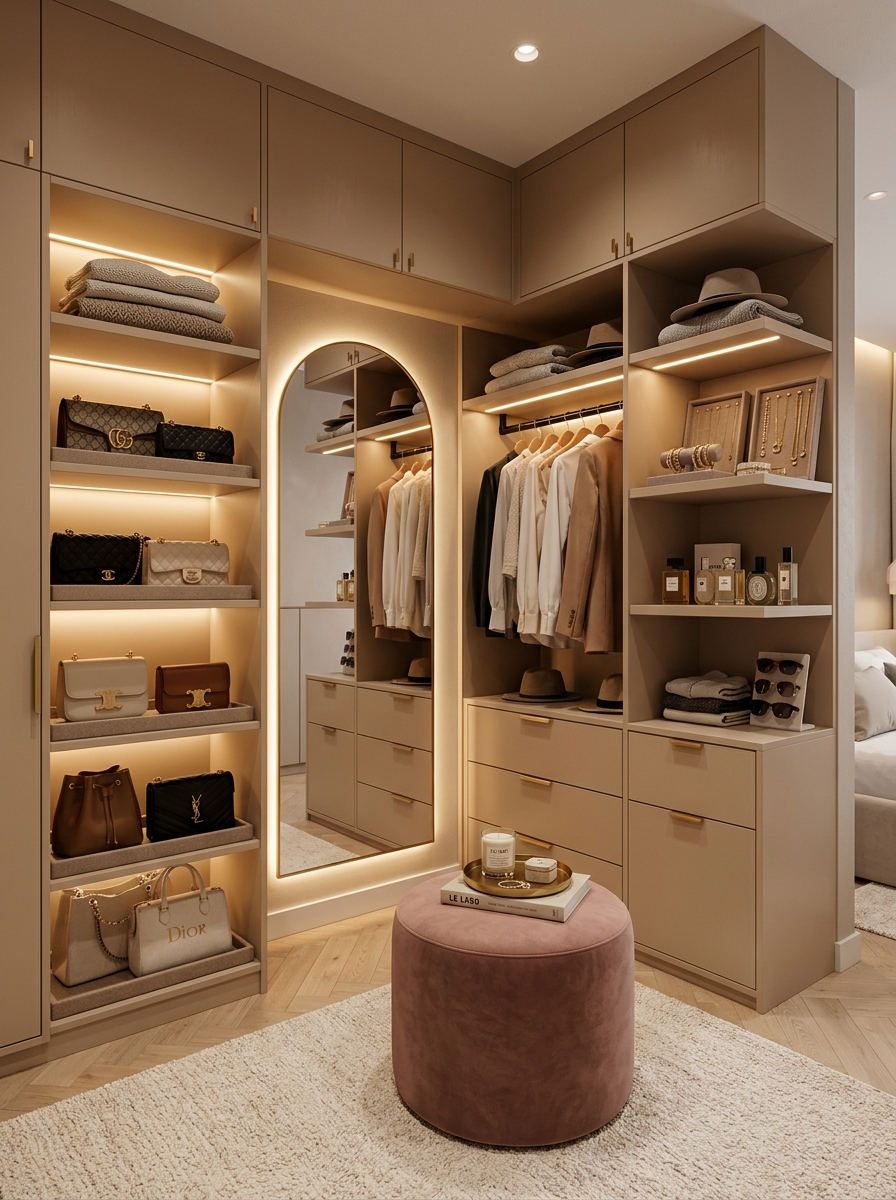 Small Walk-In Closet with Hidden LED Glow