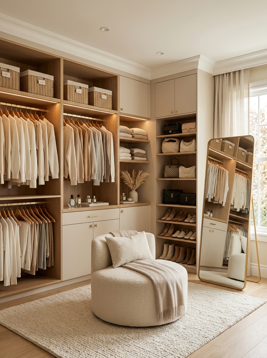 Soft Beige Walk-In Closet with Warm Wood Accents