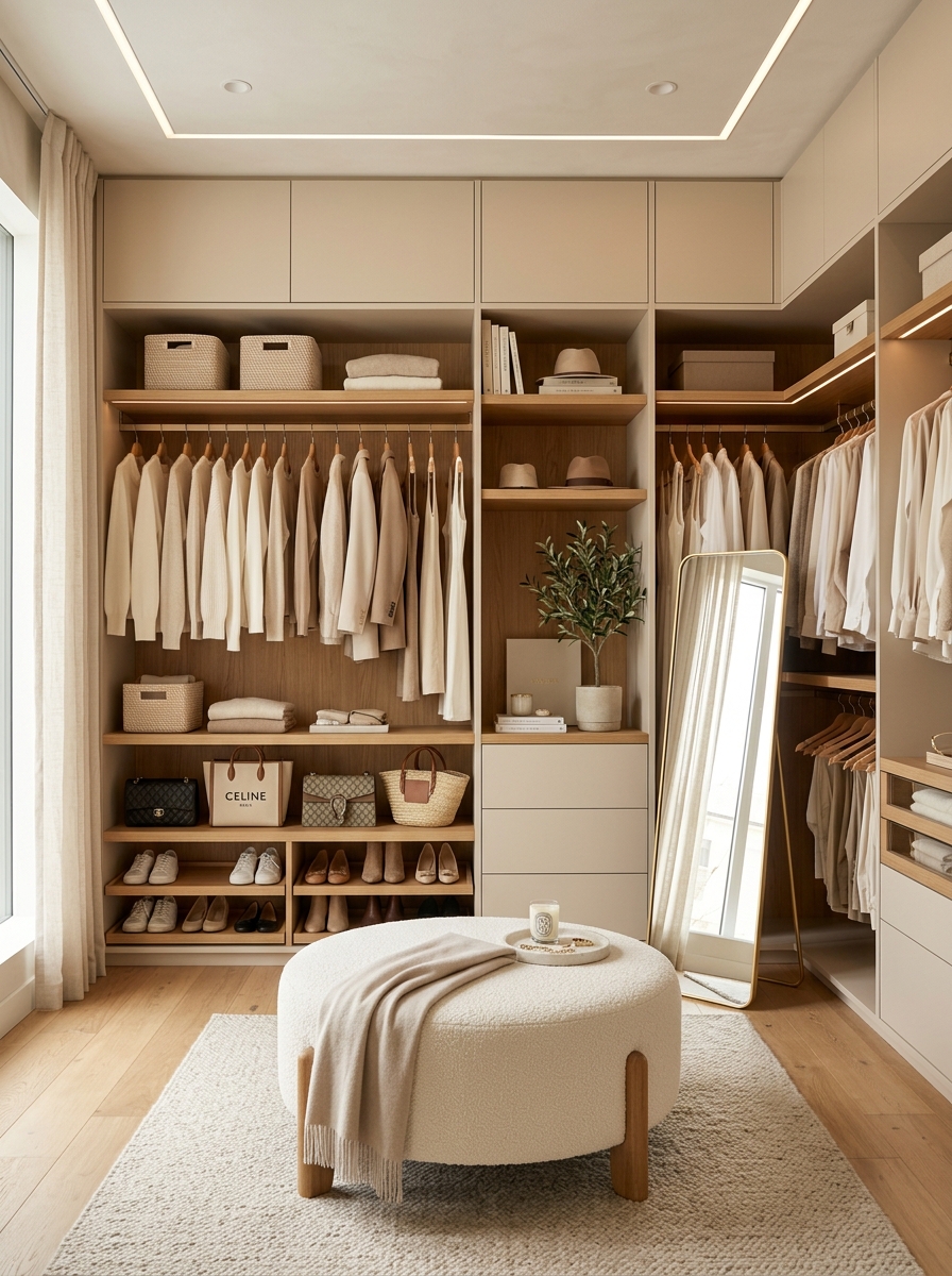 Soft Beige Walk-In Closet with Warm Wood Accents