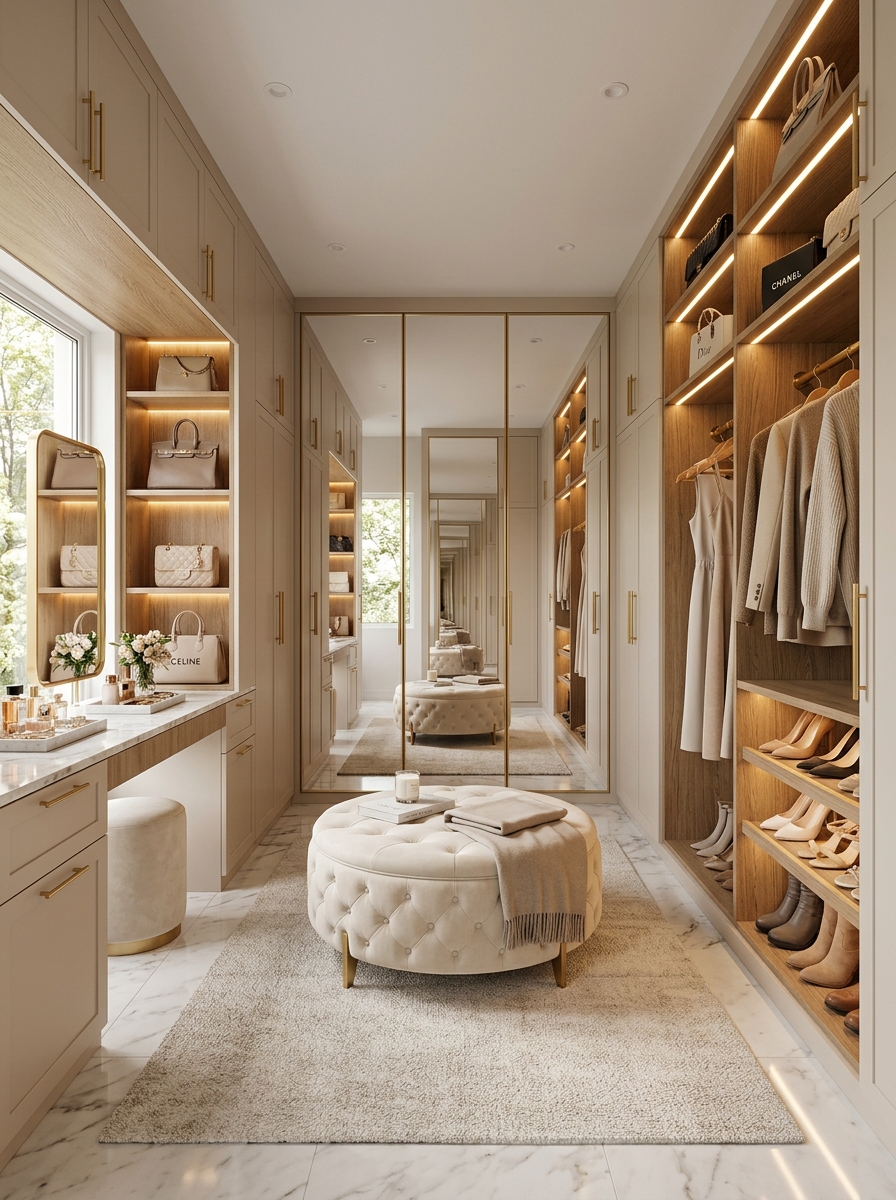 Soft Neutral Walk-In Closet with Warm LED Lighting