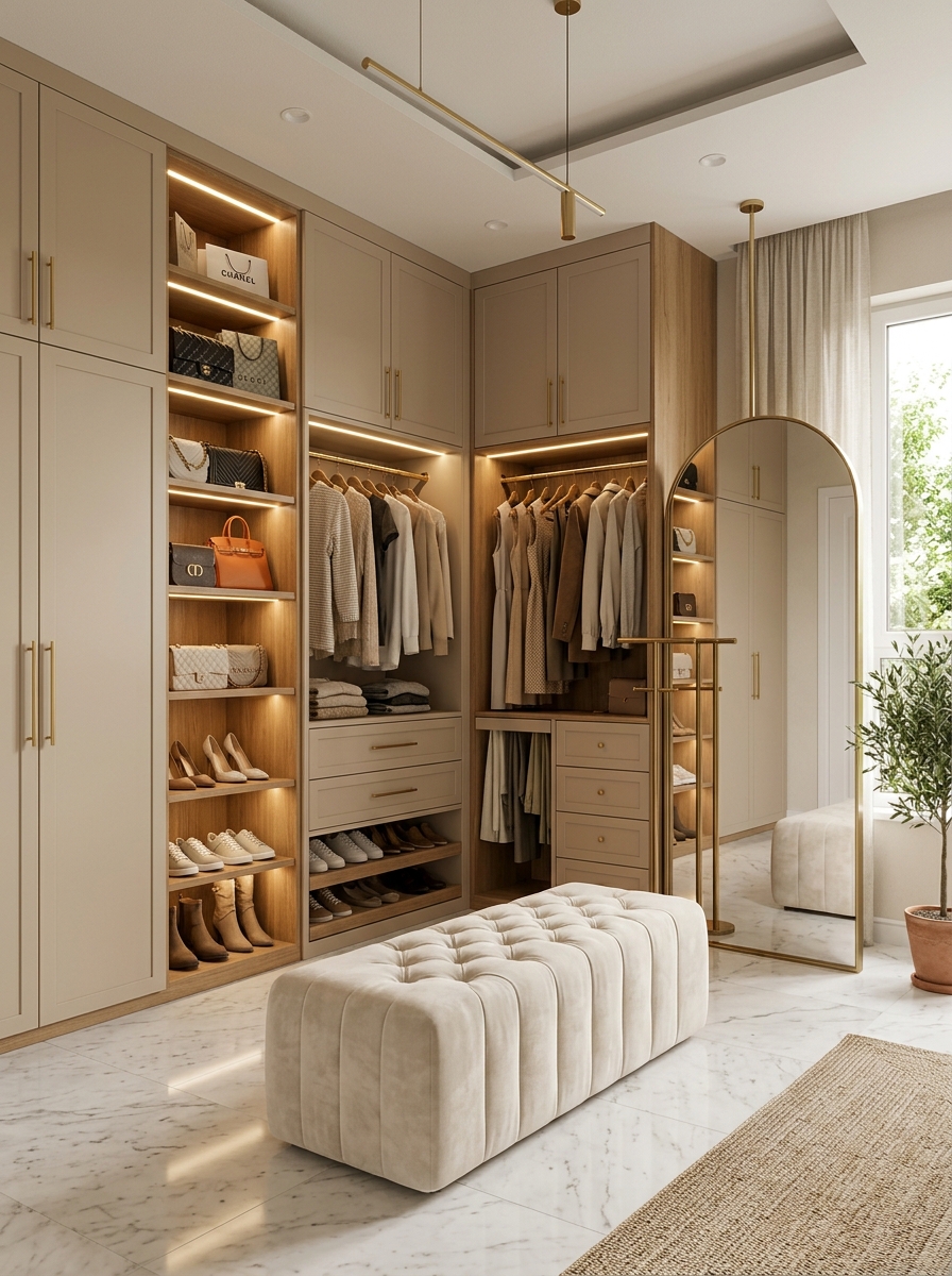 Soft Neutral Walk-In Closet with Warm LED Lighting