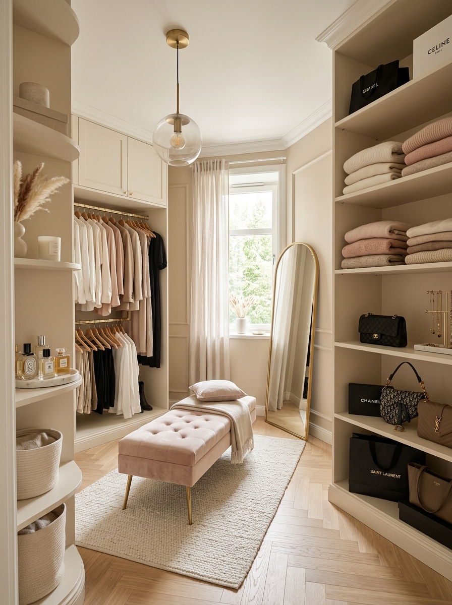 Soft Neutral Closet with Velvet Seating