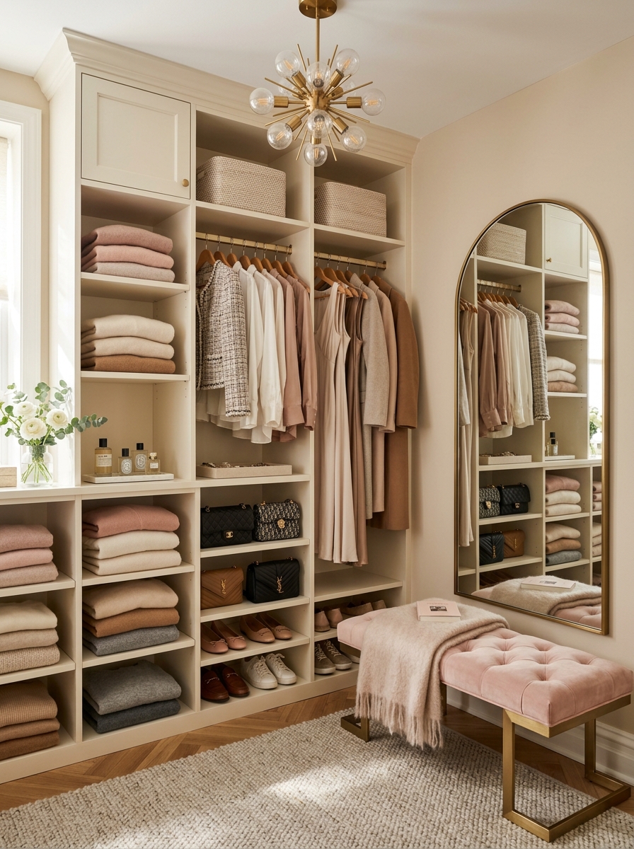 Soft Neutral Closet with Velvet Seating