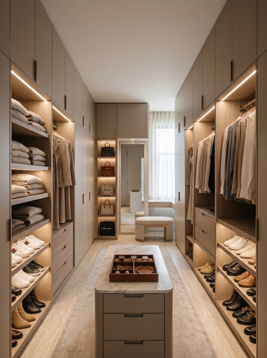 Neutral Luxury Closet with Hidden Storage Symmetry