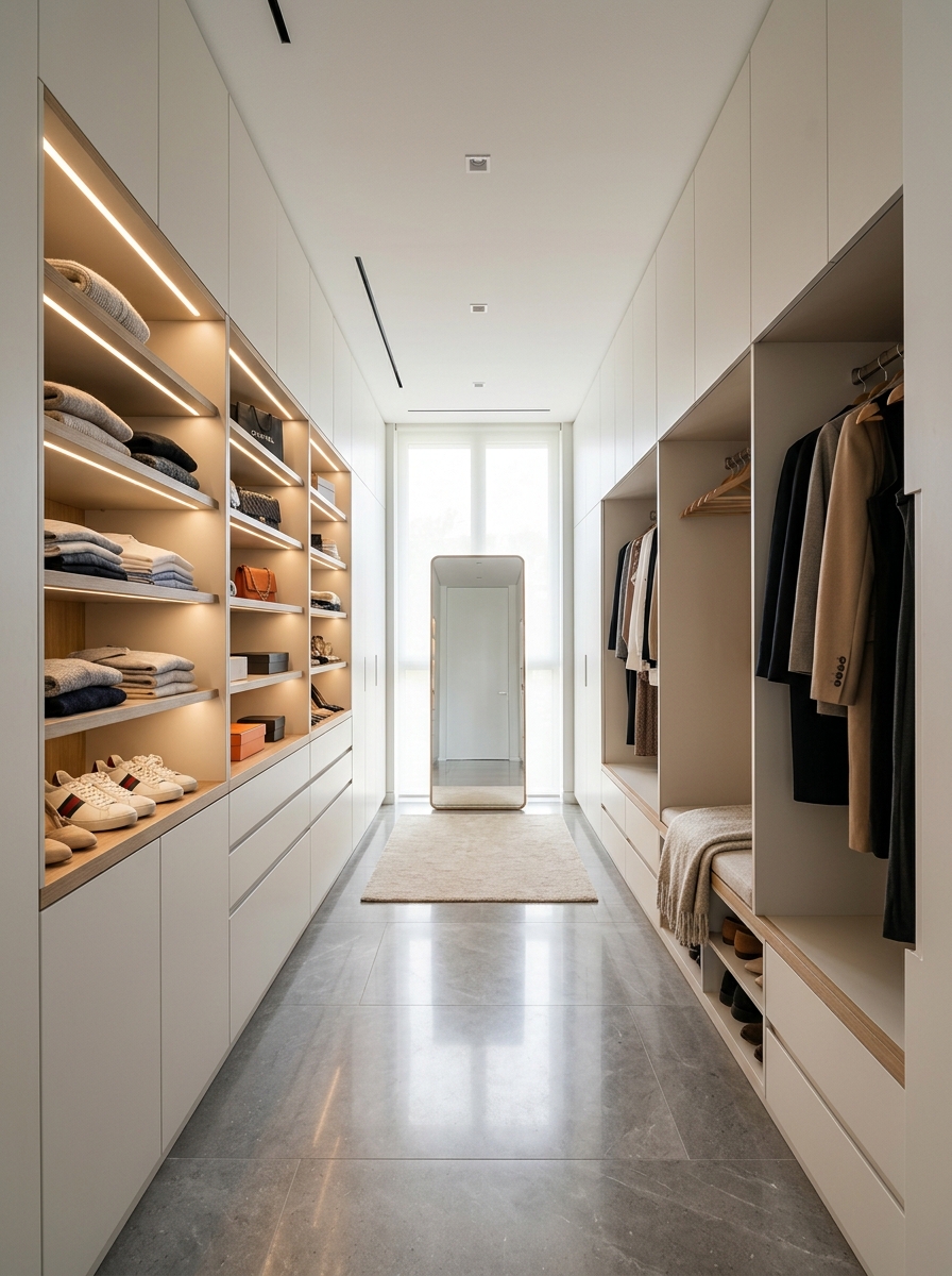 Modern Closet with Hidden Storage and Seamless Cabinetry