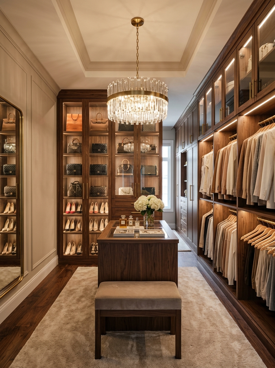 Floor-to-Ceiling Walnut Closet with Boutique Styling