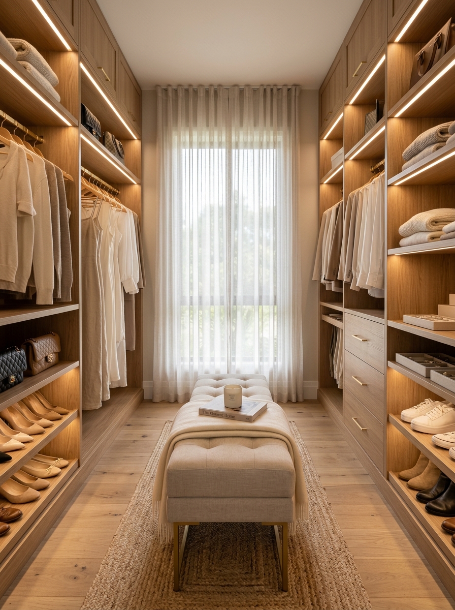 Soft Beige Walk-In Closet with Warm Oak Cabinetry