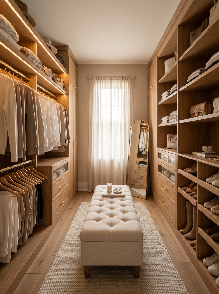 Soft Beige Walk-In Closet with Warm Oak Cabinetry