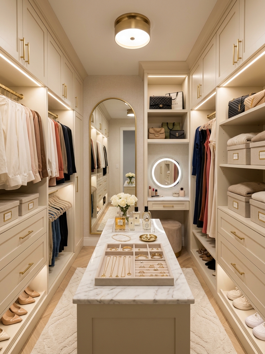 Small Luxury Closet with a Center Island