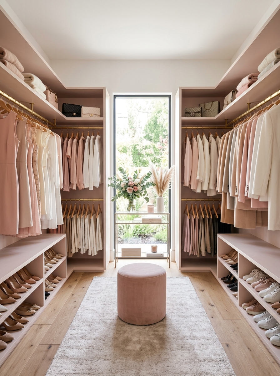 Soft Feminine Open Closet with Symmetrical Rail Design