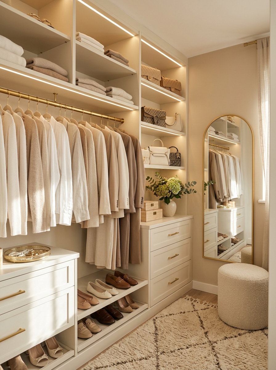Soft Neutral Closet with Gold Accents