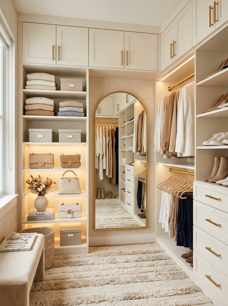 Soft Neutral Closet with Gold Accents