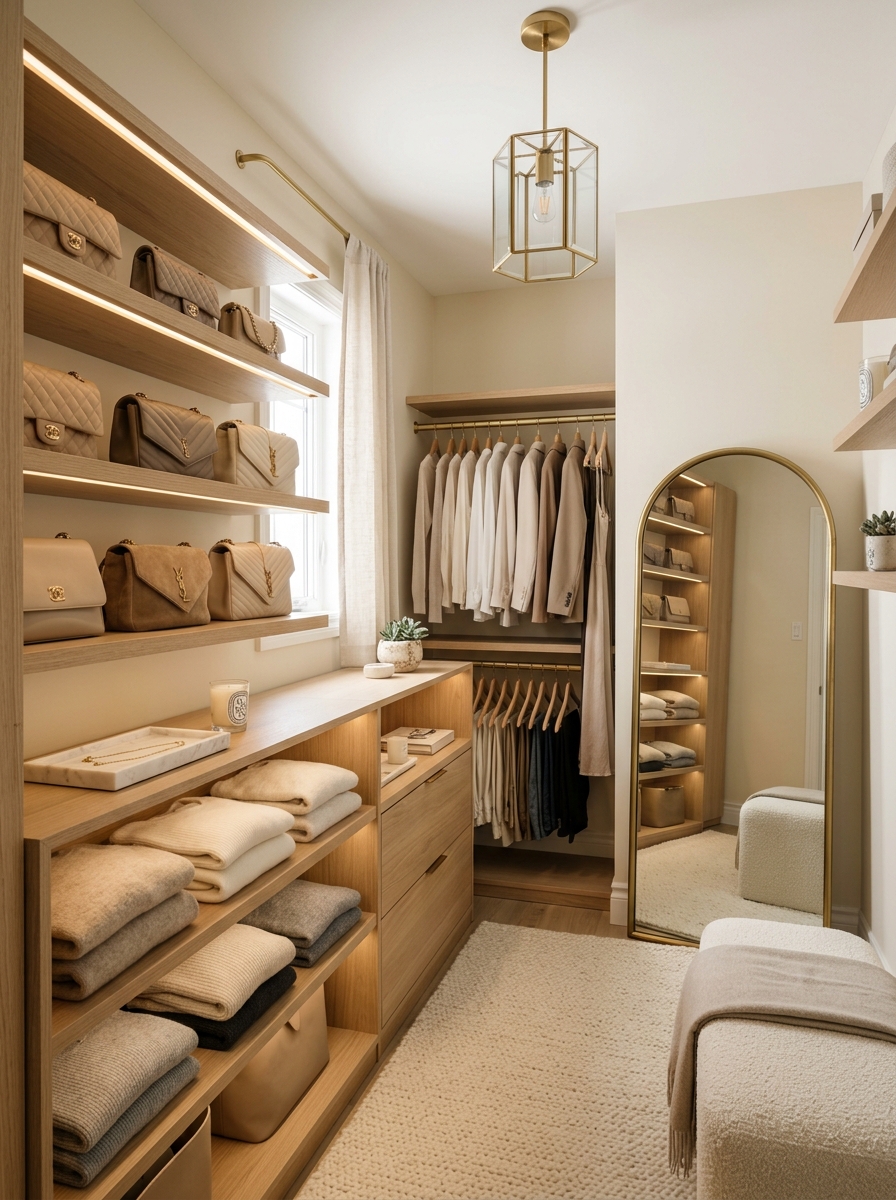 Soft Neutral Boutique Closet With Warm LED Lighting