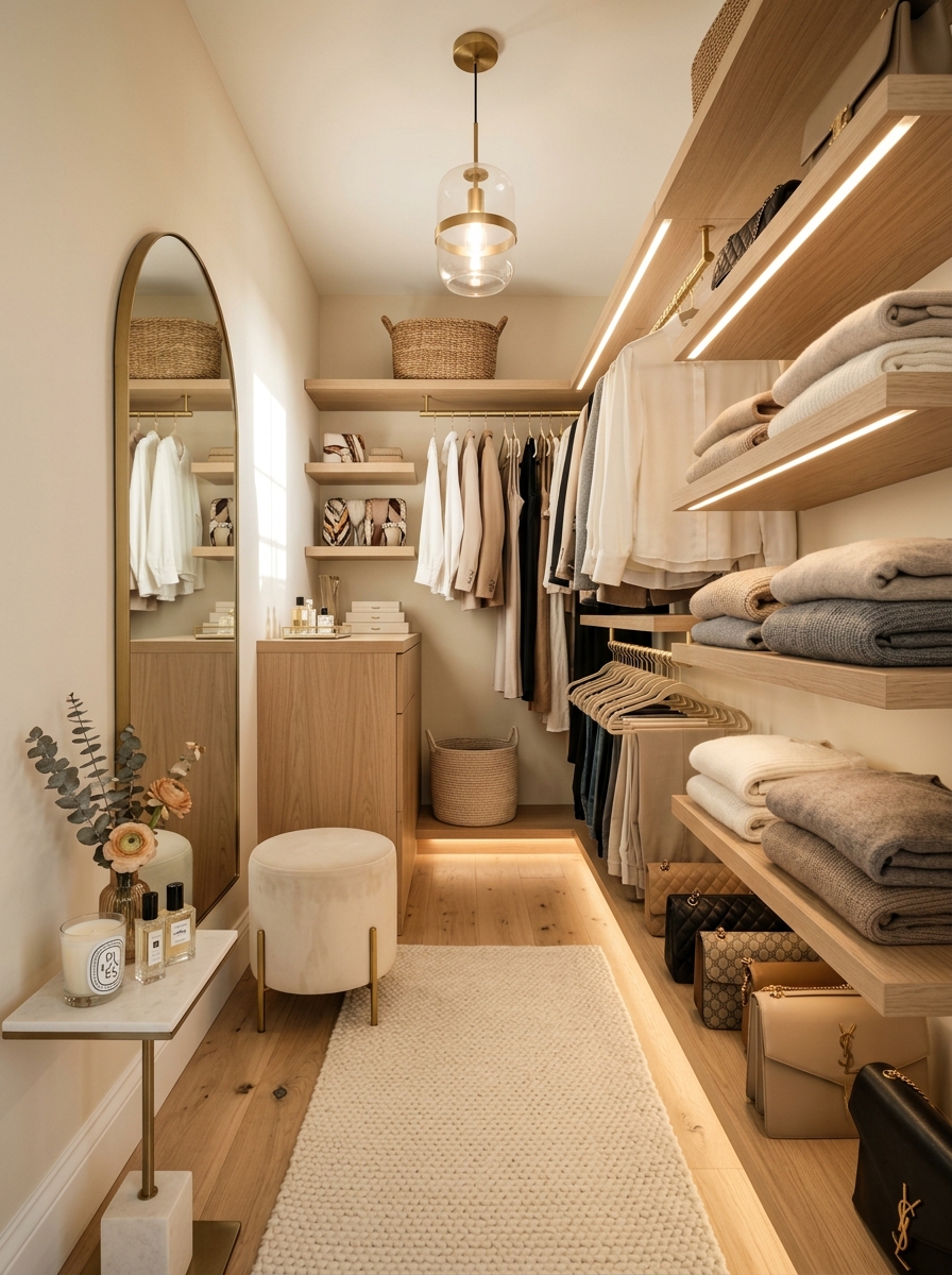 Soft Neutral Boutique Closet With Warm LED Lighting