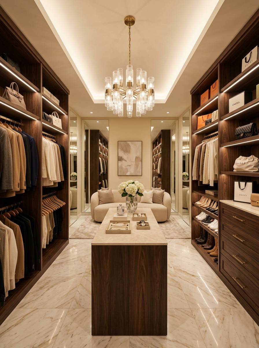 Contemporary Luxury Closet with Dark Wood and Cream Contrast