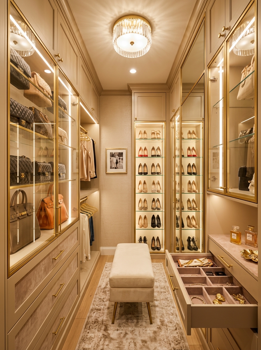 Boutique-Inspired Closet with Glass Cabinets
