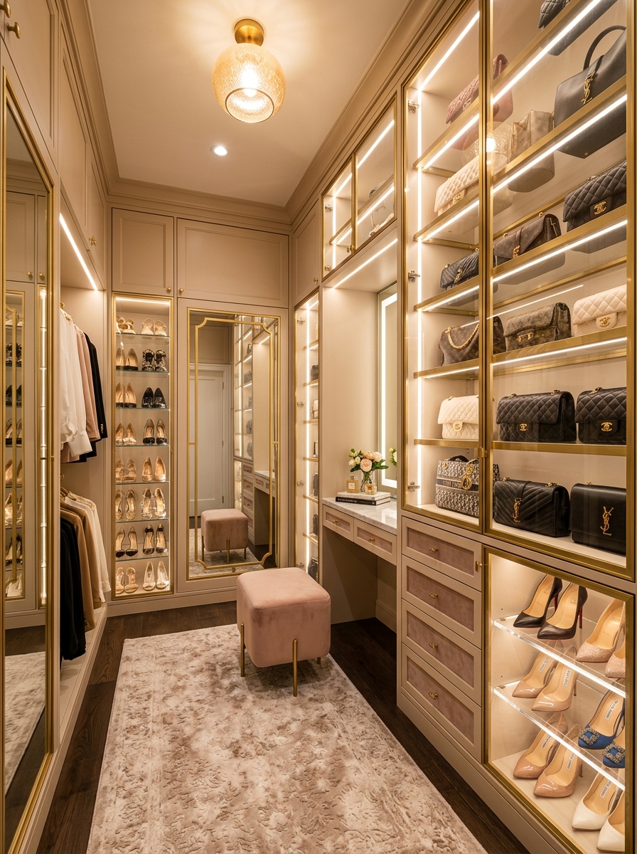 Boutique-Inspired Closet with Glass Cabinets