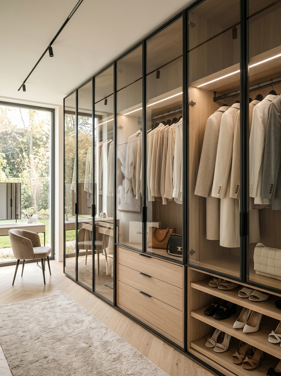 Sunlit Minimalist Closet with Glass Display Sections`