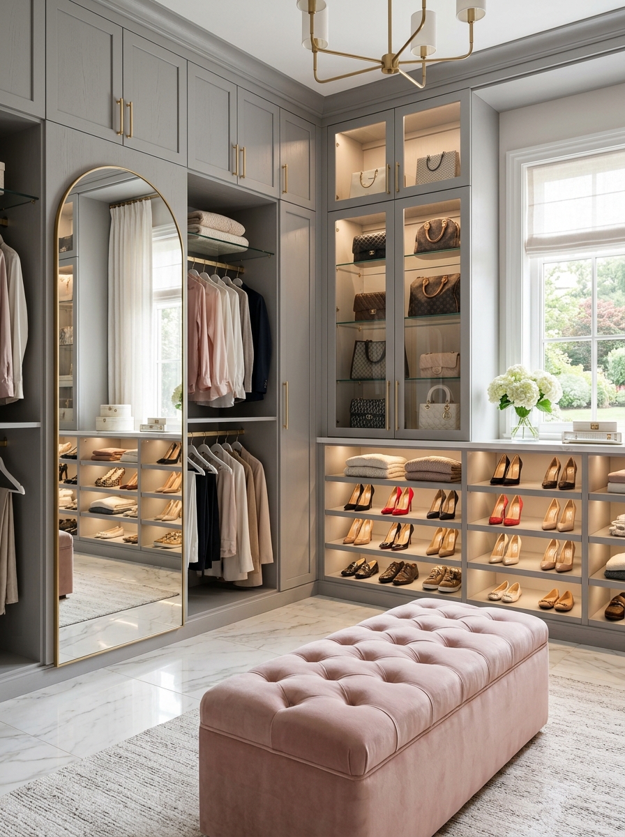 Modern Luxe Closet with Soft Gray and Champagne Tones