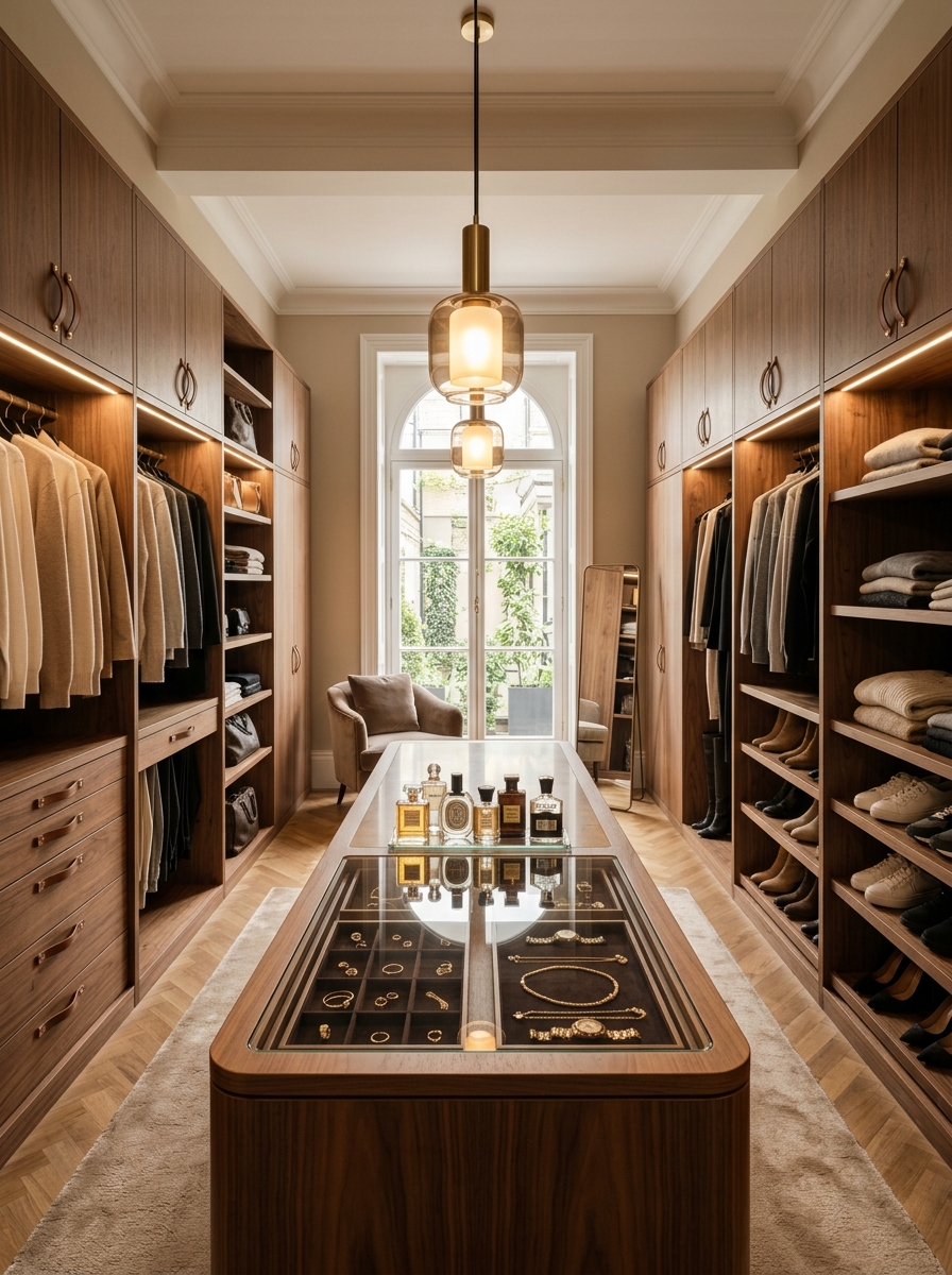 Warm Wood Closet with Central Island