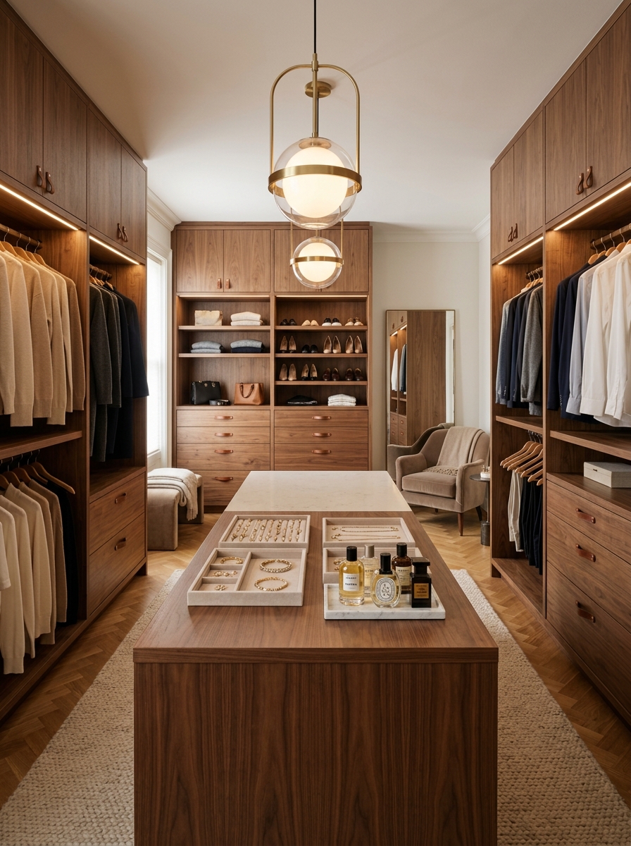Warm Wood Closet with Central Island