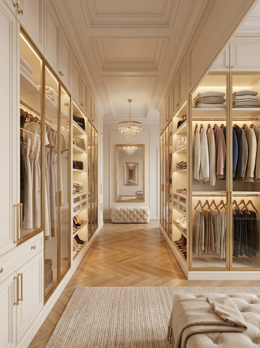 Elegant Ivory Glass-Front Wardrobe with Symmetrical Display