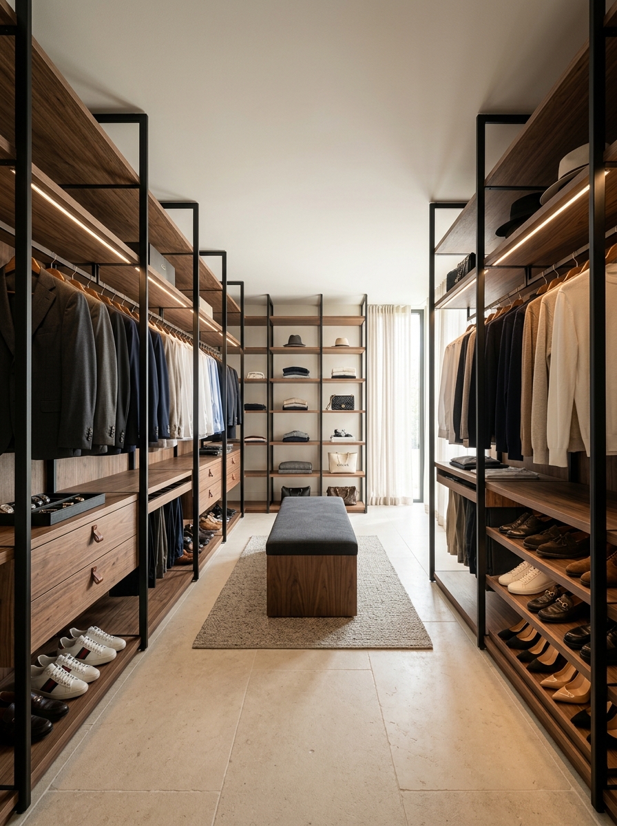 Modern Minimal Closet with Black Accents & Warm Wood Contrast