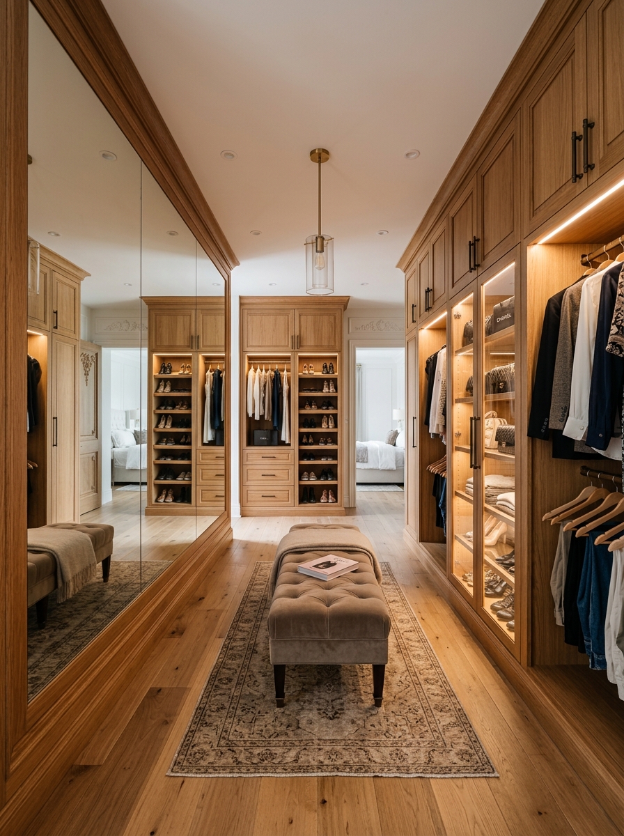 Warm Wood Closet with Boutique Mirror Feature Wall